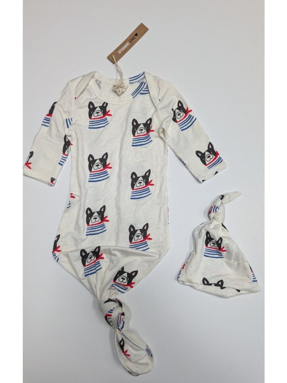 SpearmintLOVE French Bulldog Knotted Gown & Hat Baby Layette Set 0-3 mo Bamboo